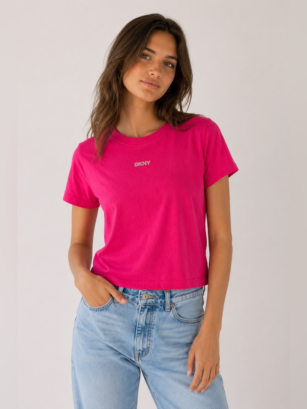 DKNY Y2K McBling Hot Pink Rhinestone Baby Tee Barbiecore Cotton Top Size M